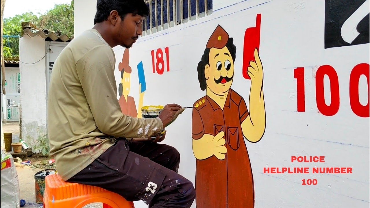 Police Helpline Number Cartoon Art | Wall Painting for Safety Awareness | Pankajartacademy