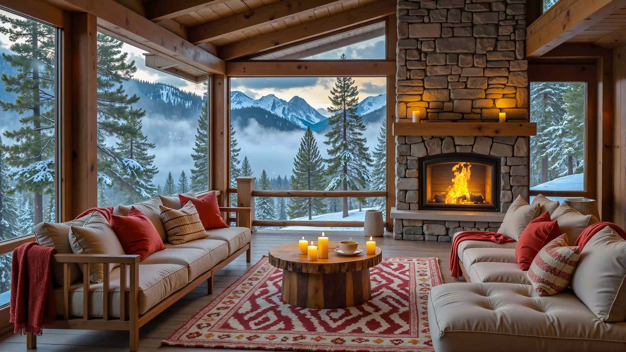 Tranquil Winter at Cozy Cabin Ambience with Soft Piano Music 🔥 Warm Fireplace & Gentle Snowy ❄️