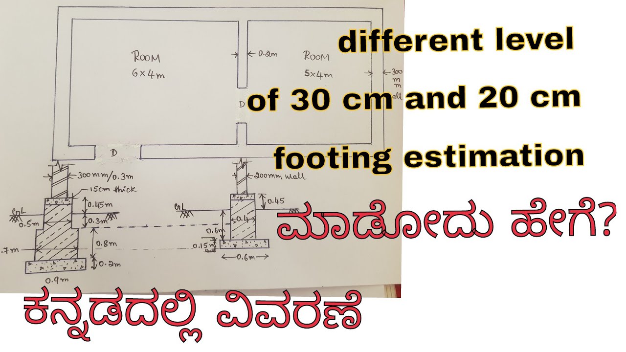Estimation of 30 cm and 20 cm wall footing in kannada | different level footing in kannada