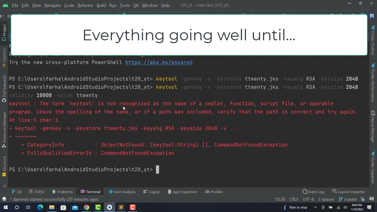 2. Bloopers | Generating signed aab file from flutter project android studio