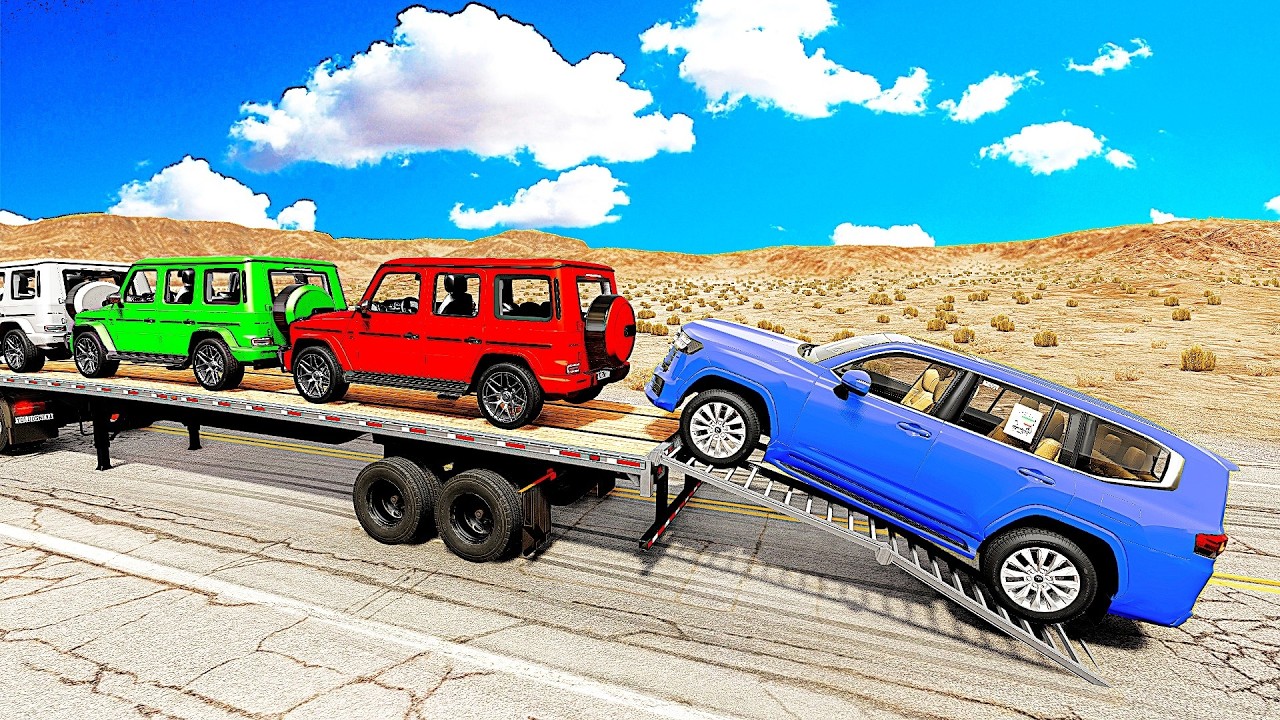 Four Trucks Transporting cars with Flatbed Trailers | Cars vs Speedbump vs Train vs Pothole #0008