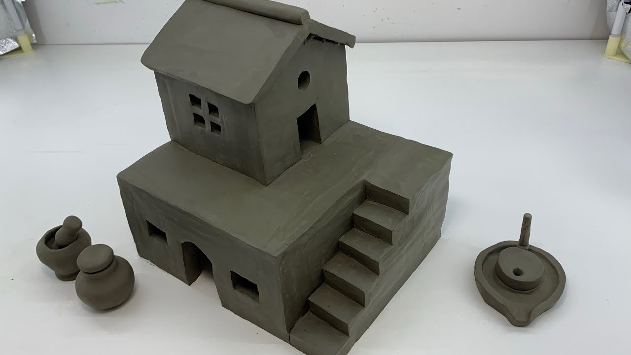 Building a Survival Village House with Palm Tree | Miniature Clay House |Kitchen set