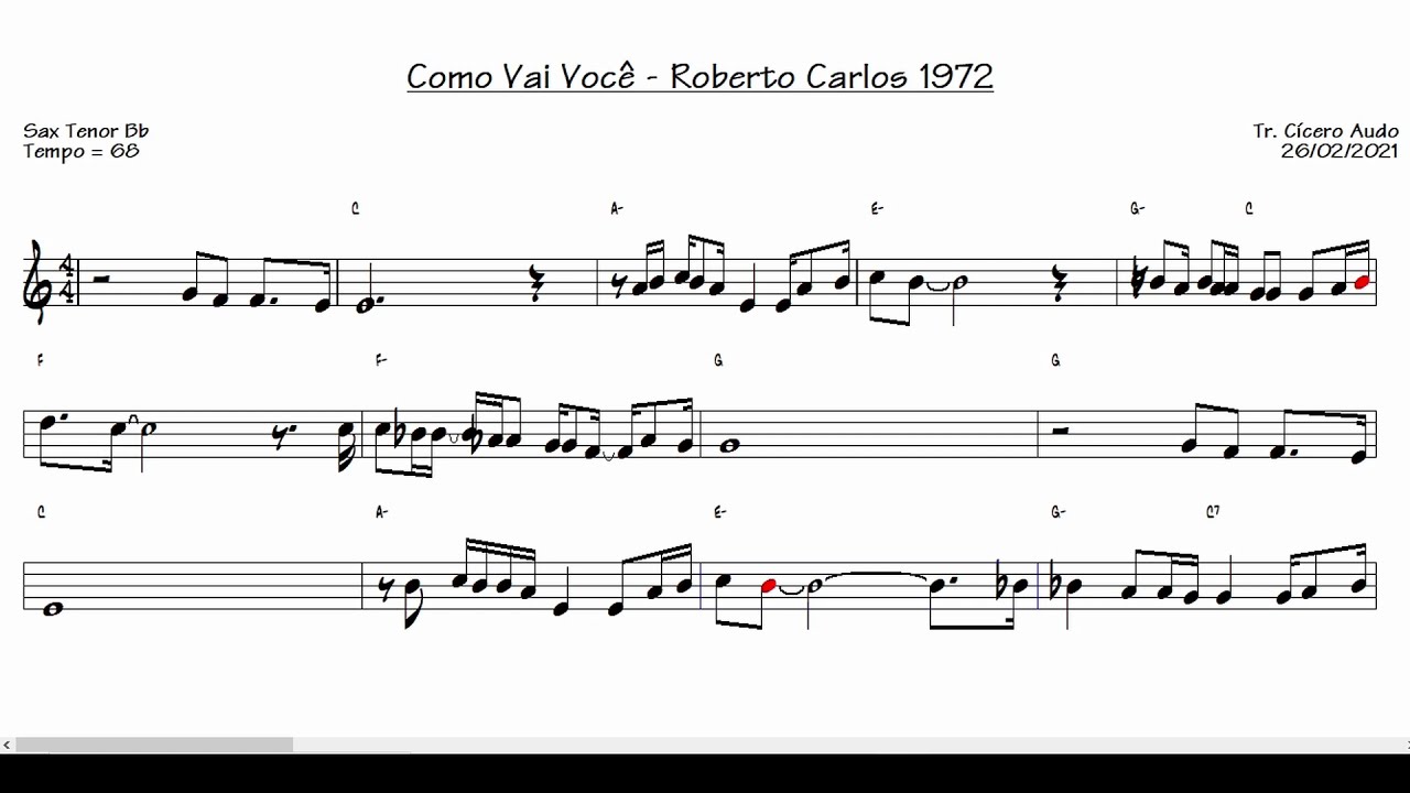 Como Vai Você - Roberto Carlos 1972 (Sax Tenor Bb) [Partitura playback]