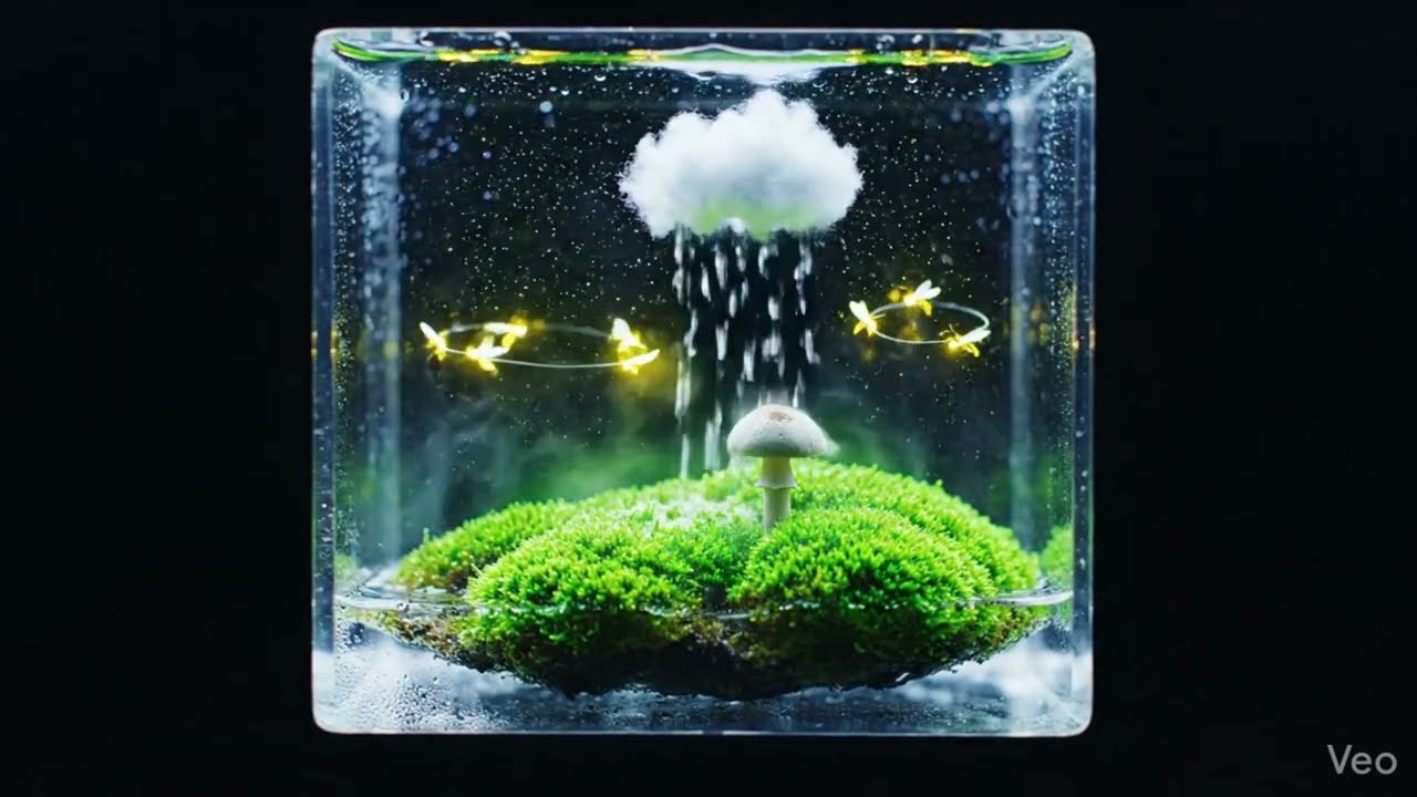 1 HOUR Floating Moss Bio-Cube 🌿 Desktop Sanctuary ASMR | 4K Rain & Firefly Ambiance