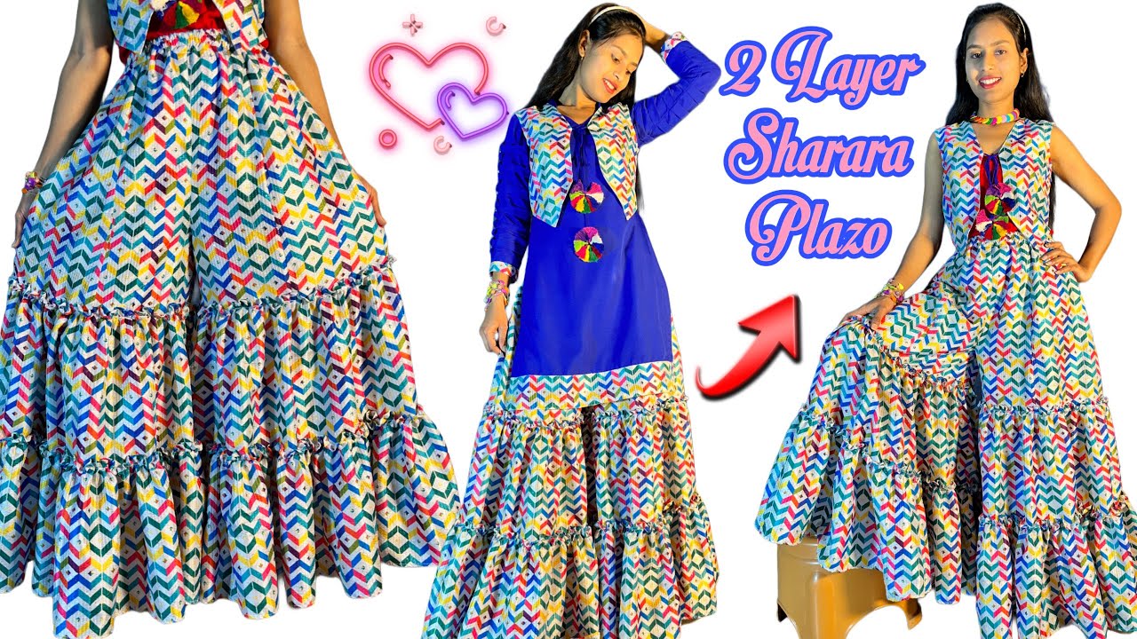 Double Layer Sharara Plazo Cutting and Stitching/ 2 Frill Plazo/Gharara Kurti with Jacket 🧥 Cutting