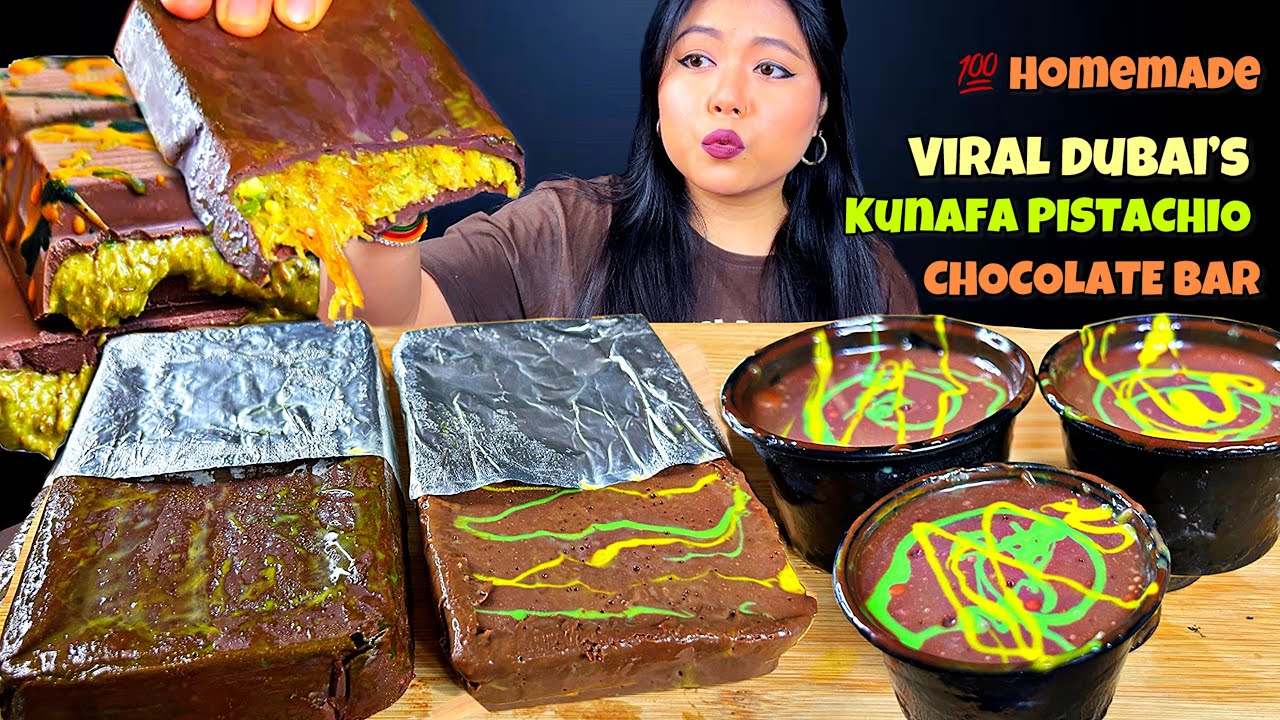 ASMR EATING VIRAL DUBAI KUNAFA PISTACHIO CHOCOLATE BAR | TRYING HOMEMADE VIRAL DUBAI CHOCOLATE 😂