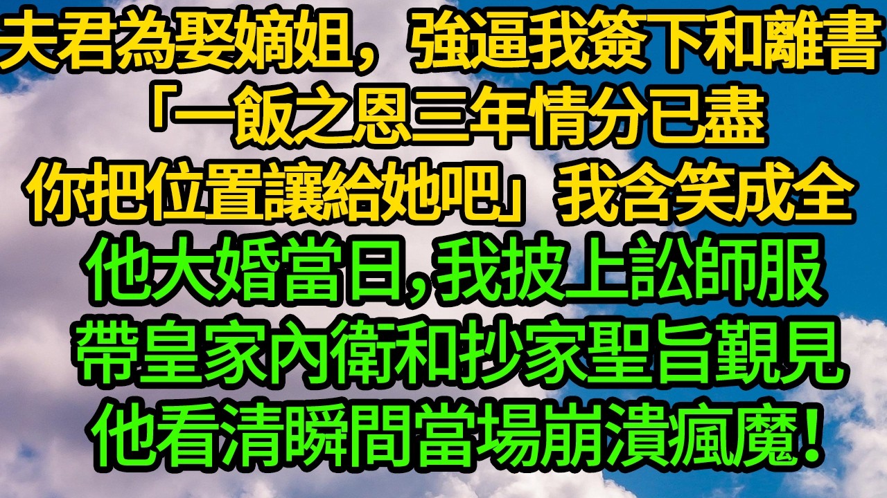 夫君為娶嫡姐，強逼我簽下和離書「一飯之恩三年情分已盡，你把位置讓給她吧」我含笑成全。他大婚當日，我披上訟師服 帶皇家內衛和抄家聖旨覲見，他看清瞬間當場崩潰瘋魔！