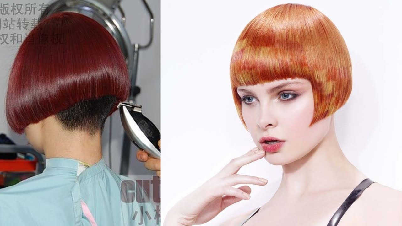 Cute Red hair girls is getting micro bob haircuts with shaved nape/Undercut half shaved nape cut