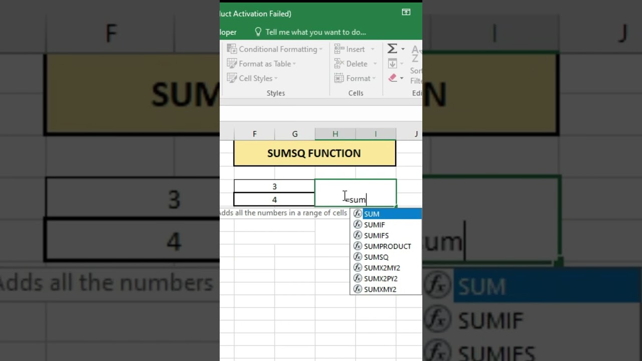 SUMSQ function in excel || sumsq formula in excel #shorts #excel