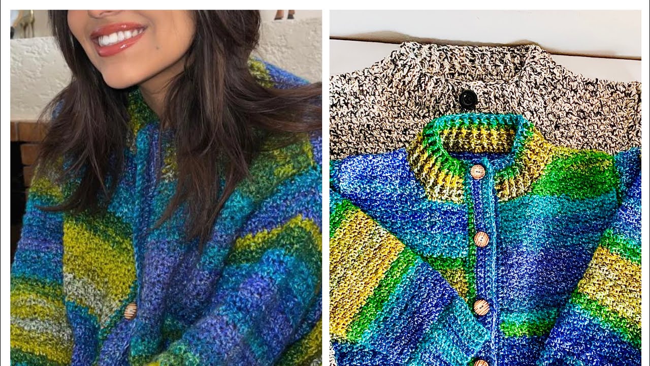 cardigan au crochet avec col rond pour elle et lui point de riz (taille XS à 5XL)1ère partie