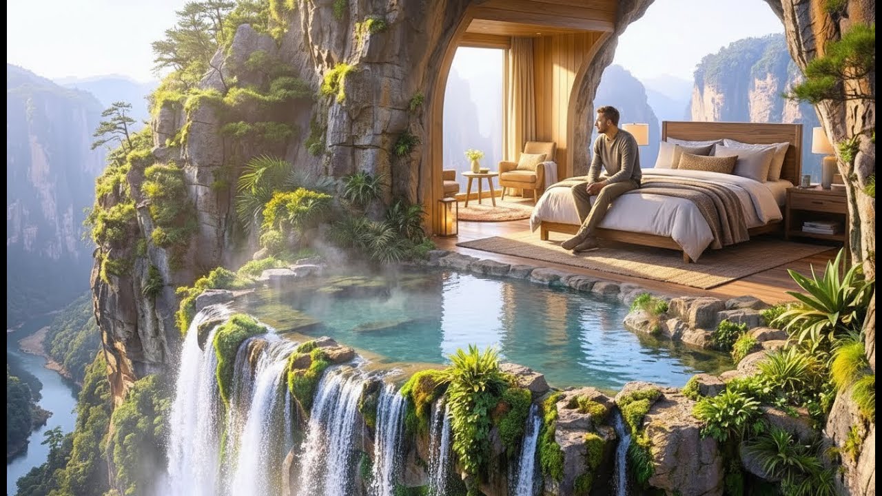 This Man Built a SECRET House Inside a WATERFALL Cave (ASMR)