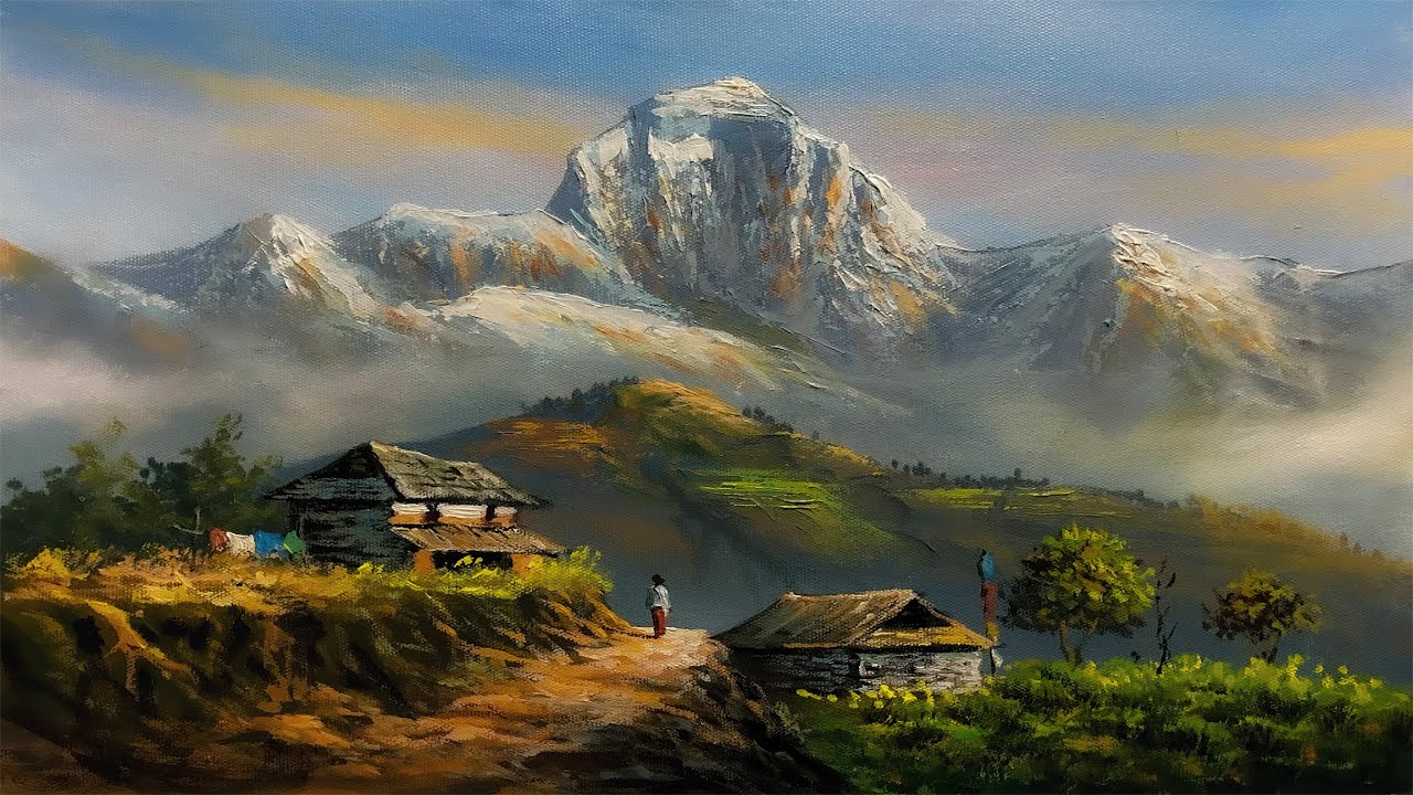 Nepali Painting | Beautiful Nepali Village Landscape Painting | Scenery Painting | Art Candy Nepal
