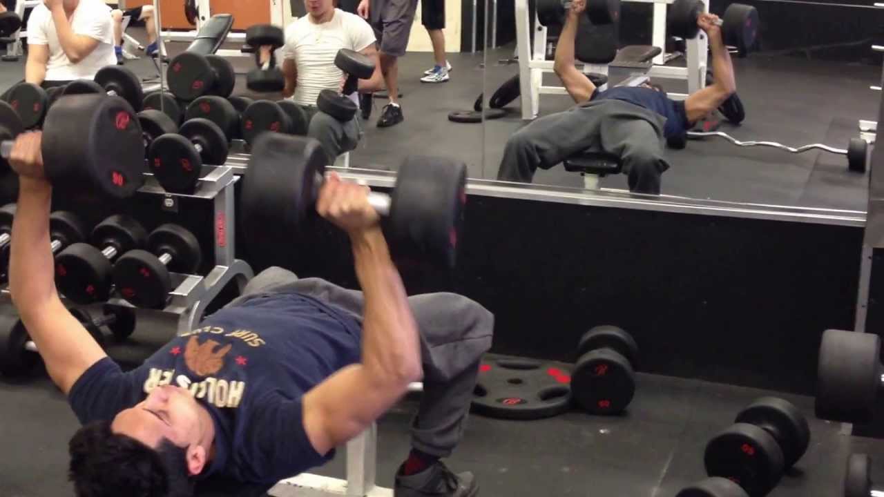 90s for 6 reps at 150 lbs (flat dumbbell press)