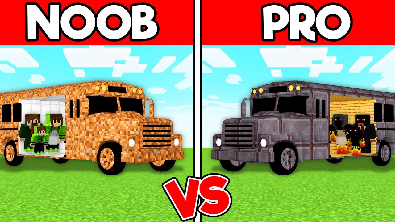 BATALHA DE CONSTRUÇÃO DE ÔNIBUS DE NOOB vs ÔNIBUS DE PRO no MINECRAFT!