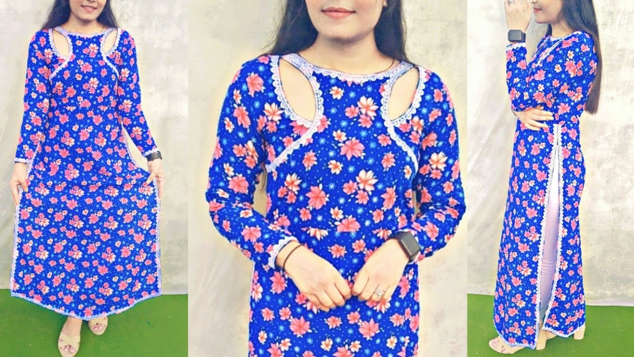 Most stylish and long kurti neck design/New Style high low kurti/ High low dress cutting & stitching