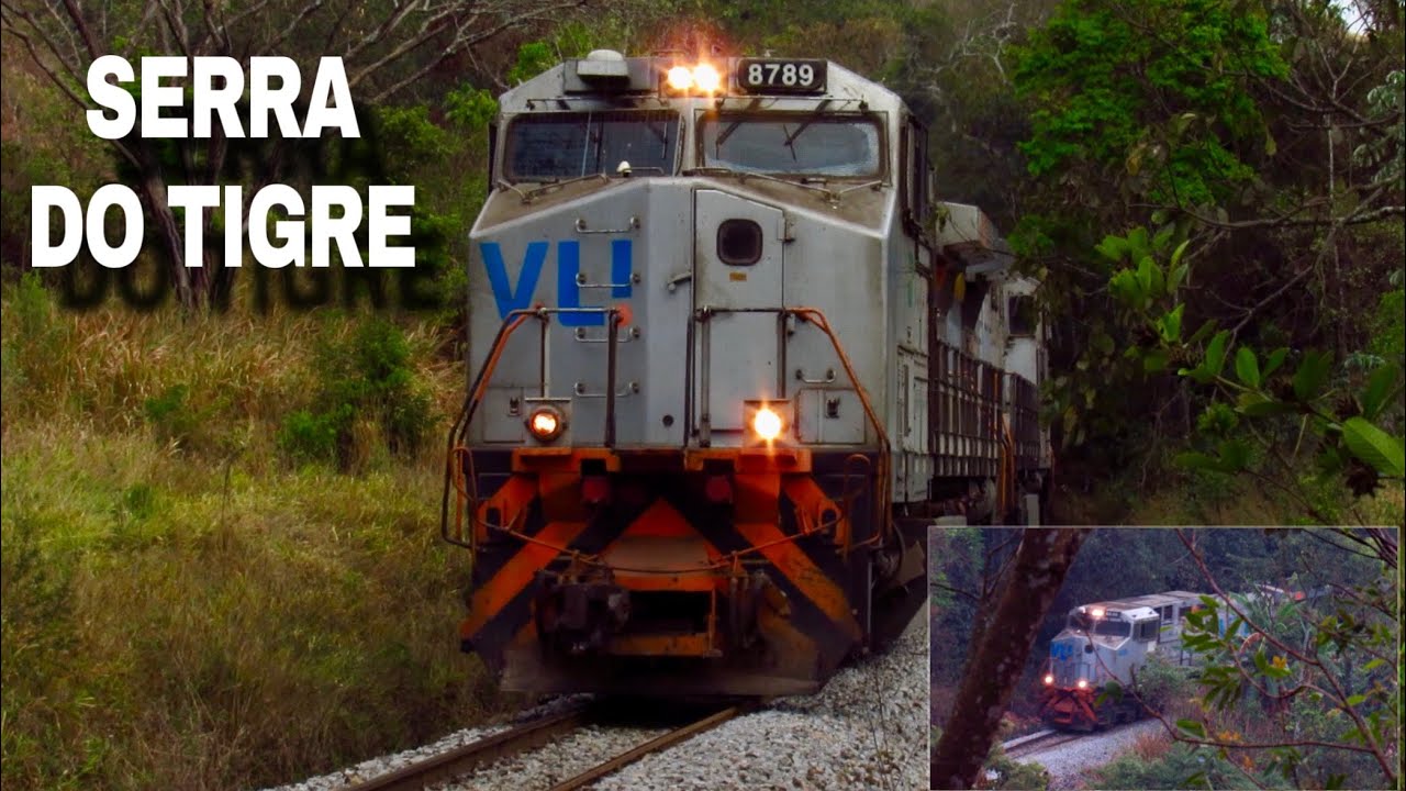 TRENS NA SERRA I - Graneleiro vazio subindo e trem carregado de celulose descendo a Serra do Tigre 