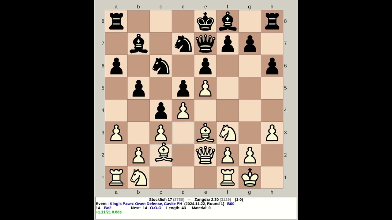 Stockfish 17 vs Zangdar 2.30 | King's Pawn: Owen Defense #chess