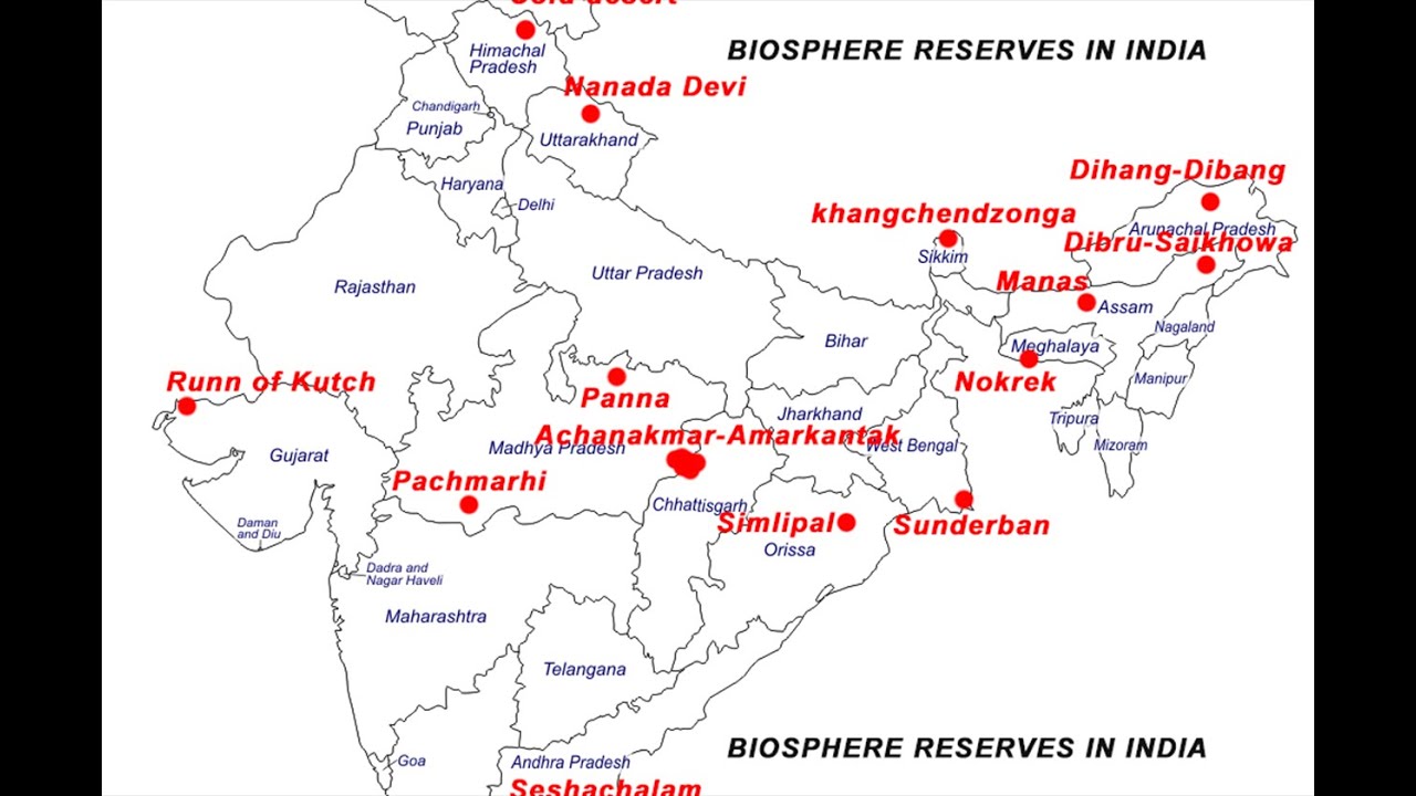 Biosphere Reserves in India on a map | Indian Geography