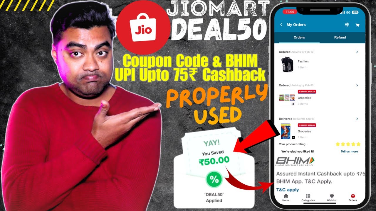 JIOMART DEAL50 Coupon Code & BHIM UPI Up to 75₹ Cashback Properly Used 👉