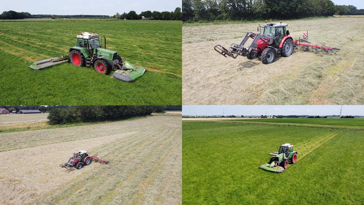 Grasmaaien en schudden met een Fendt Favorit 611 LSA Turbomatic en een Massey Ferguson 5455 Dyna-4