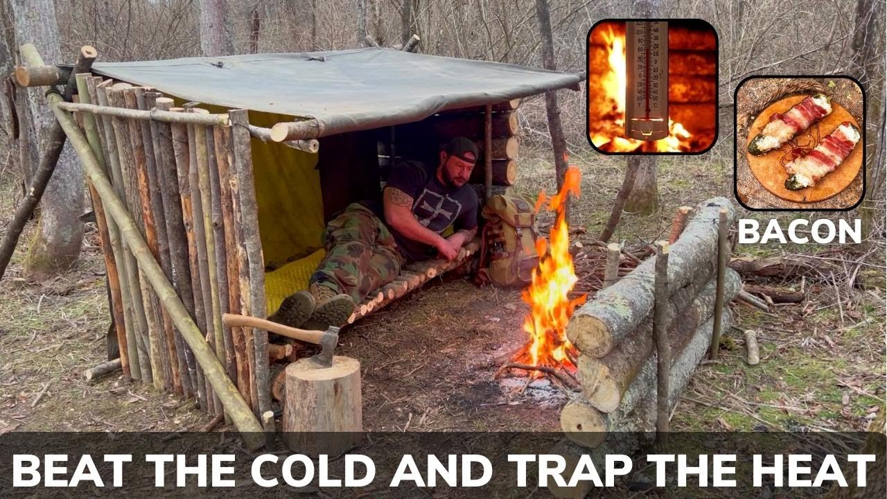 Solo Overnight Building a Bushcraft Shack in the Woods to Trap the Heat and Bacon Jalapeno Poppers