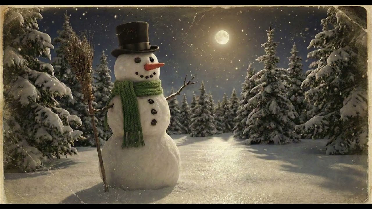 4K TV Art : Winter Forest Snowman Night, Vintage Painting | TV Art Screensaver