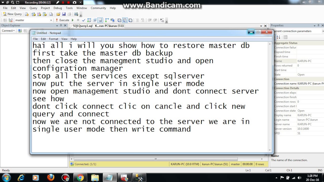 Restoring  Master DB---Single user Mode Using GUI:SQL SERVER DBA