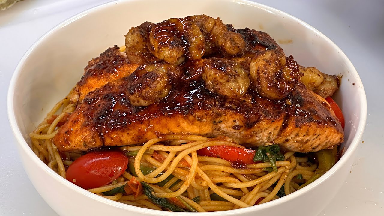 Honey Sriracha Salmon And Shrimp Pasta Bowl Recipe