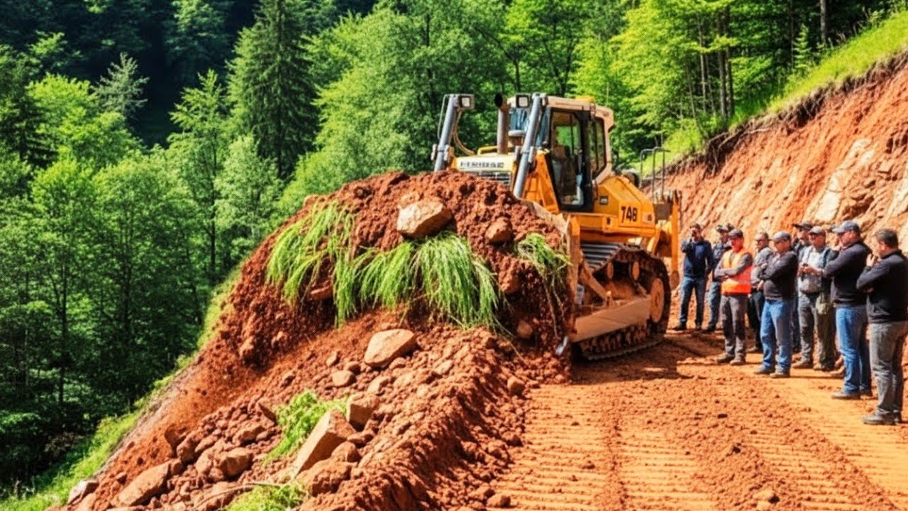 Wonderful Road Clearing Powerful Bulldozer Repair Road on Steep Mountain Highway Construction ZONE 