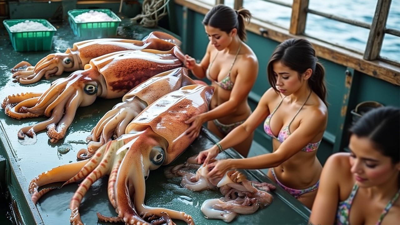 Terrifying Deep Sea Squid Hunt&ndash; Japanese Fishermen Catch 100 Giant Squids a Day by Long Line Fishing