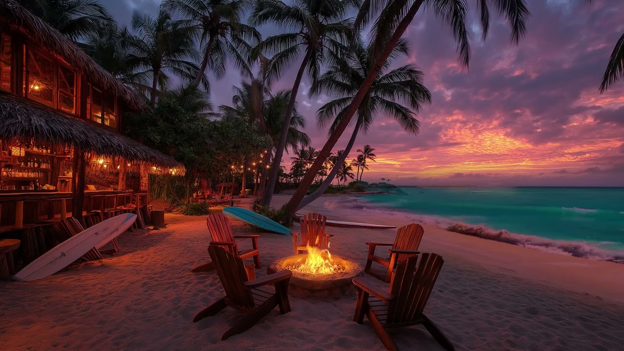 Tropical Sunset Ambience | Ocean Waves, Bonfire Sounds and Peace