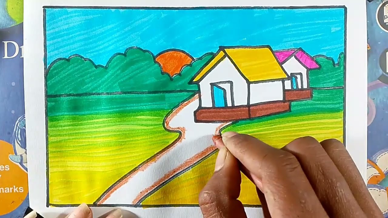 Scenery drawing colour drawing beautiful house drawing natural drawing beginning drawing village 