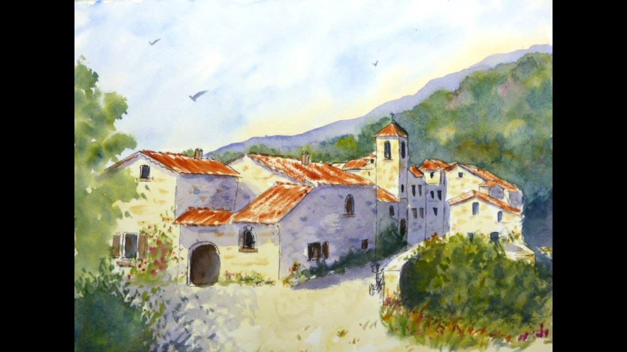 Aquarelle : Village provençal : Le Poët Sigillat