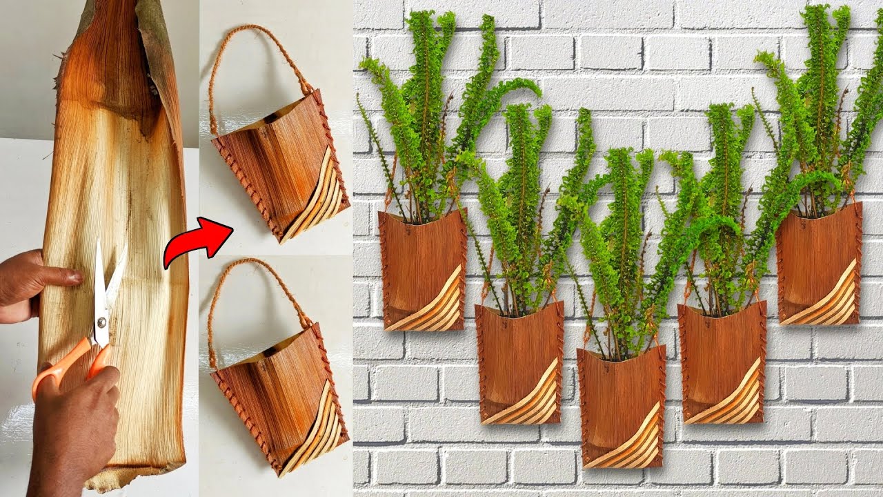 arecanut leaf flower pot making /hanging plants ideas / diy garden ideas
