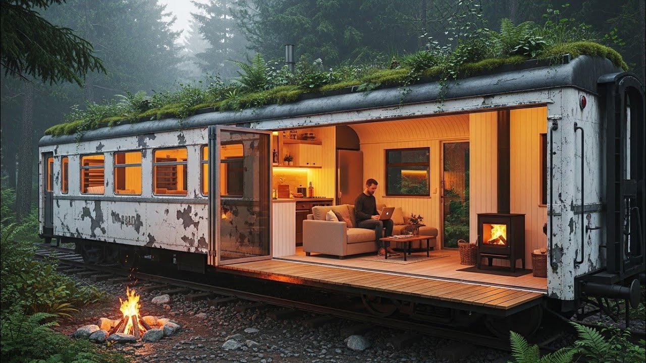 Turned an Abandoned Train Car Into a Hidden Modern Shelter in the Deep Woods (ASMR)