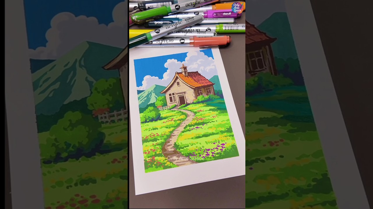 Acrylic Marker Landscape Drawing | Cozy Cottage in Nature | Satisfying Art