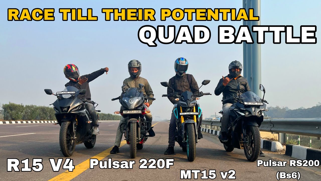 Yamaha R15 V4 vs Bajaj Pulsar 220 F (bs6) vs Yamaha MT 15 V2 vs Bajaj Pulsar RS 200 || Long Race