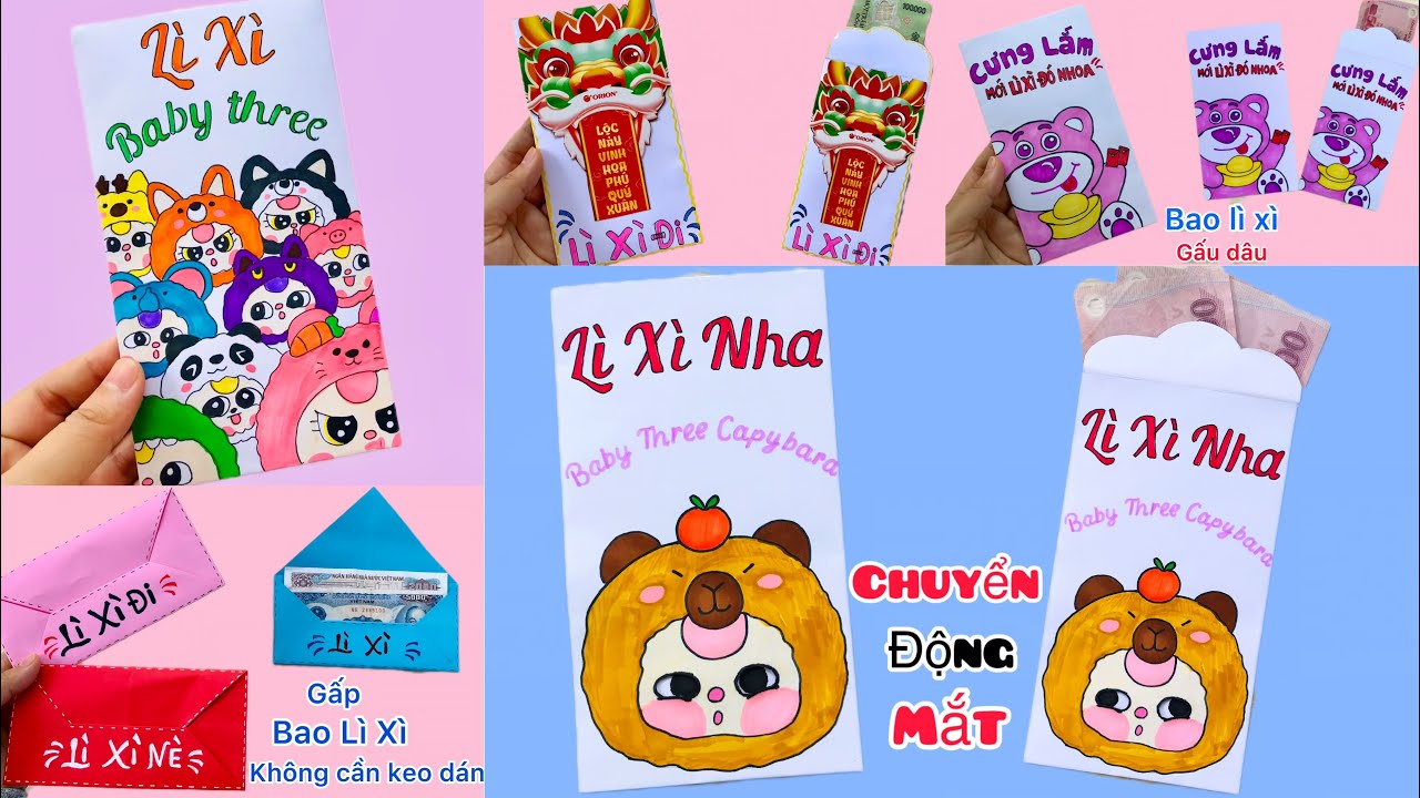 5 Cách Làm Bao Lì Xì Tết |Làm Bao Lì Xì Baby Three Capybara ,Gấu Dâu Bằng Giấy | Sáng Tạo Thủ Công
