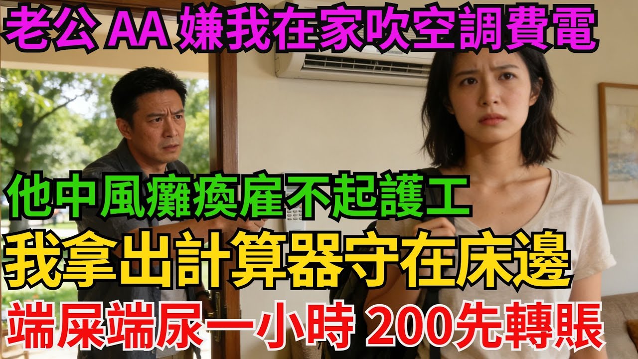 老公 AA 製嫌我在家吹空調費電，逼我去公園蹭涼，他中風癱瘓雇不起護工，我拿出計算器守在床邊：「端屎端尿一小時 200，先轉賬我再動手！」【阿馨夜讀】#故事分享#情感#婆媳矛盾#AA制