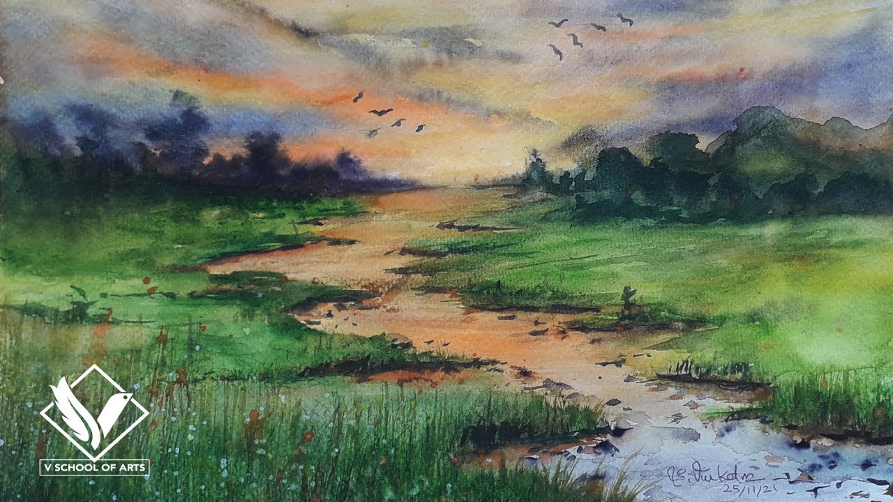 How to paint sunset landscape in watercolor