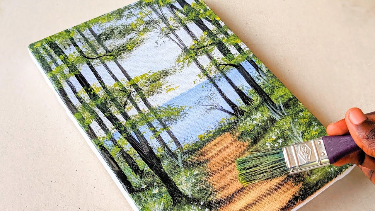 Easy way to paint an afternoon forest along the sea /Acrylic painting tutorial. #DailyChallenge_12.