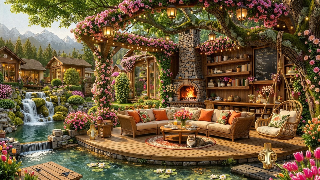 Tranquil Morning Piano Jazz 🌺 Spring Coffee Shop Ambience with Lakeside Serenity for Positive Mood