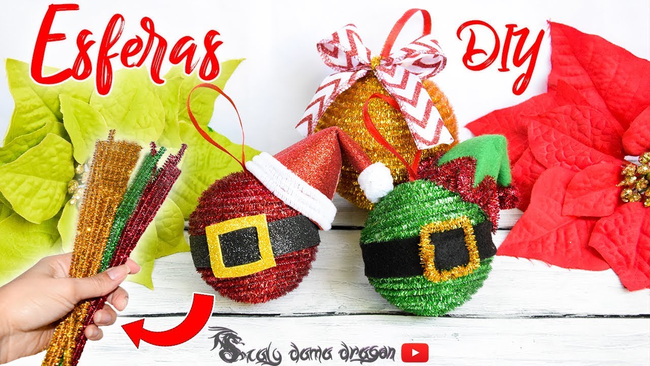 3 Esferas Navideñas con Limpia pipas Santa Claus, Duende, Dorado