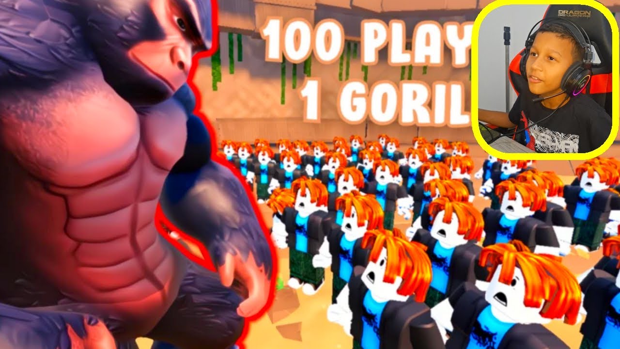 ROBLOX😱100JOGADORES vs 1GORILA🦍😱 SIMULADOR DE BATALHA MALUCO, 100 Players vs 1 Gorilla, SIMULADOR