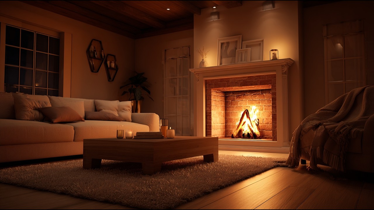 Warm Living Room Ambience with Fireplace & Soft Relax Music (Sleep & Focus)