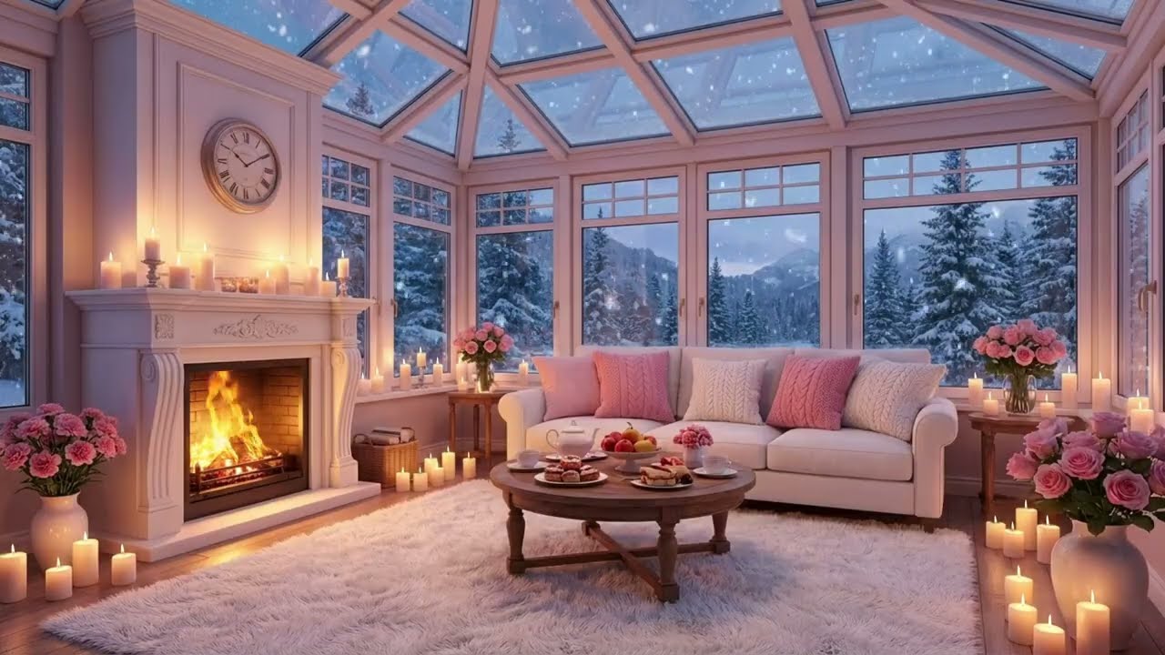 Quiet Valentines Snow Evening by the Window | Soft Piano, Firelight & Slow Unwind