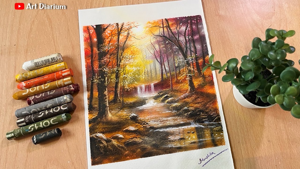 Beautiful Water Stream Drawing with Oil Pastel - Step by Step
