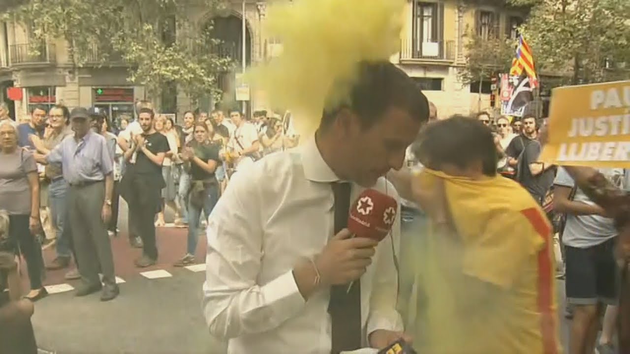 Un reportero de Telemadrid interrumpe su directo por un bote de humo durante el aniversario del 1-O