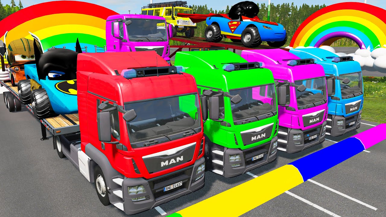 Quadruple Trucks Transporting cars with Flatbed Trailers | Cars vs Speedbump vs Train vs Pothole #5