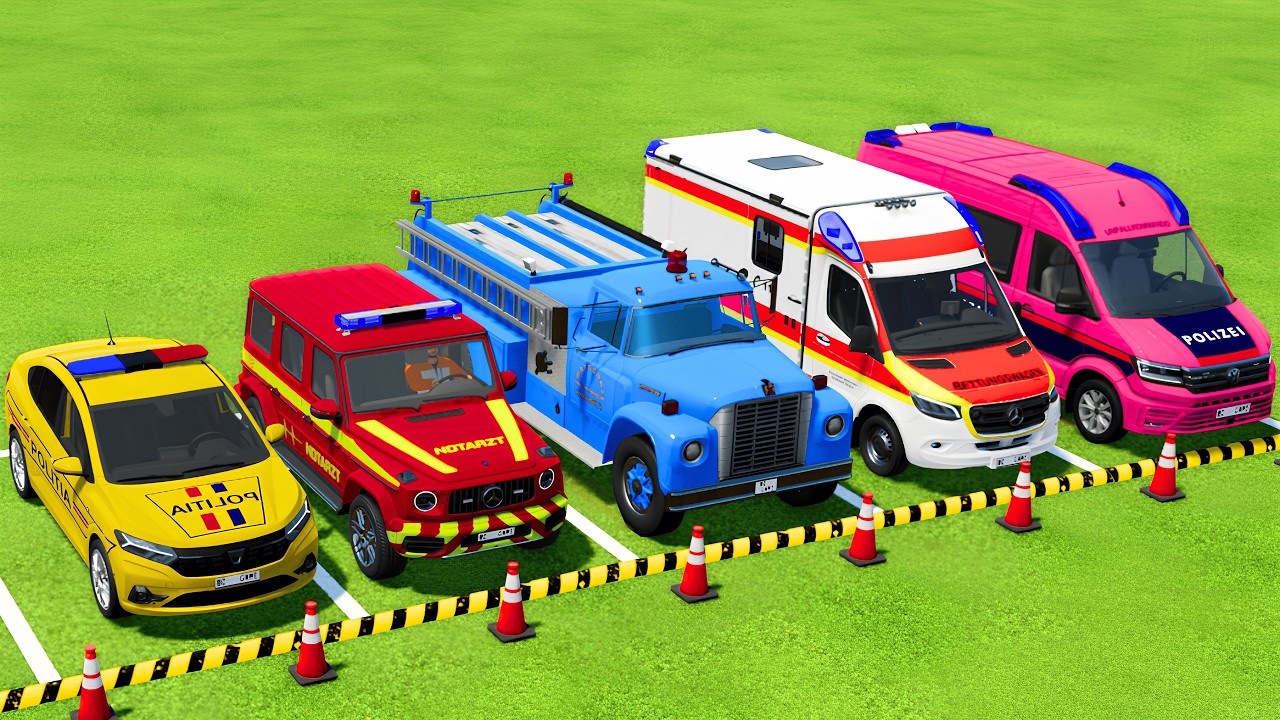 POLICE CARS, FIRE DEPARTMENT, AMBULANCE EMERGENCY VEHICLES TRANSPORTING WITH MAN TRUCKS ! FS22